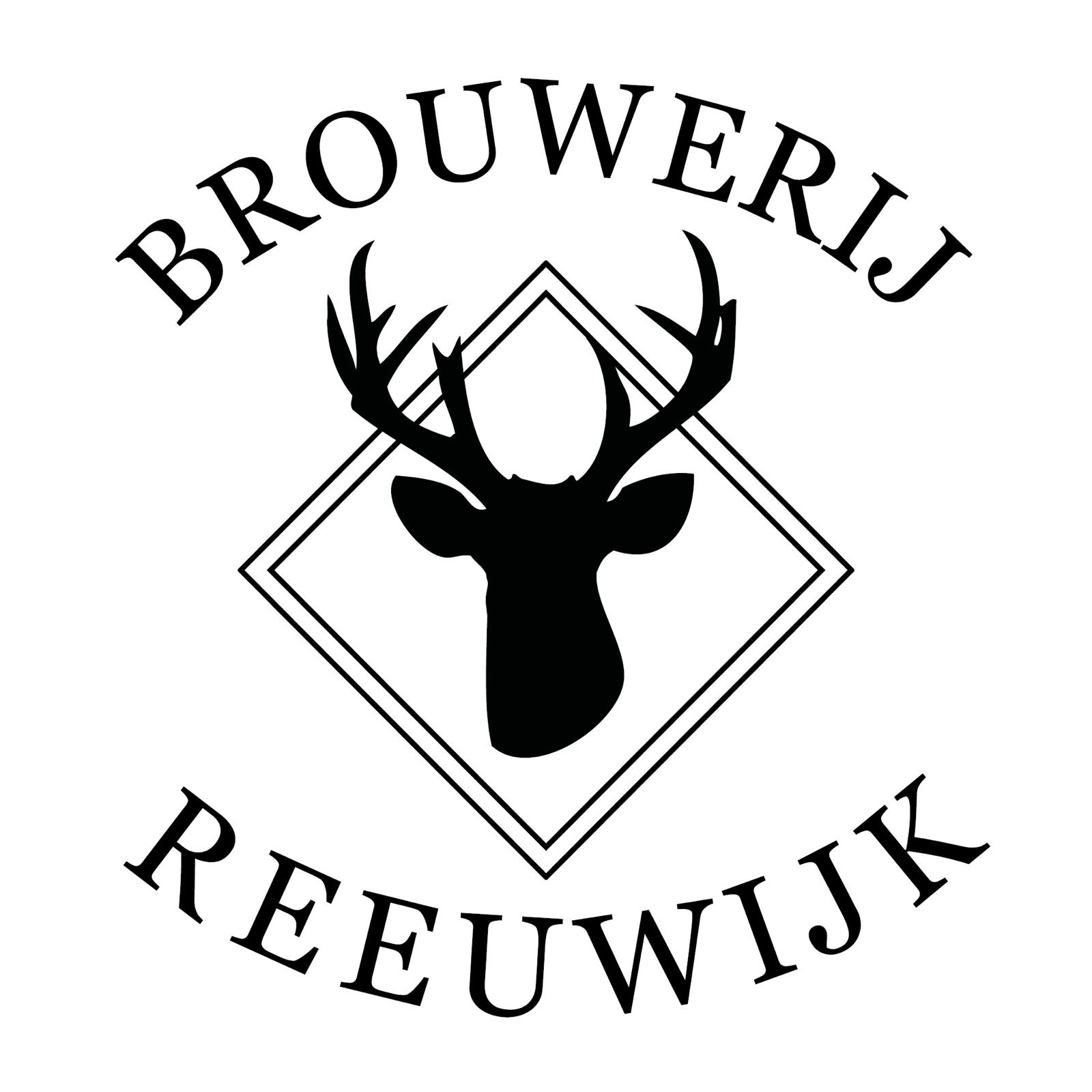Logo van Brouwerij Reeuwijk: zwarte silhouetkop van een hert met gewei in een ruitvormig kader, met daarboven ‘Brouwerij’ en daaronder ‘Reeuwijk’ in kapitalen.